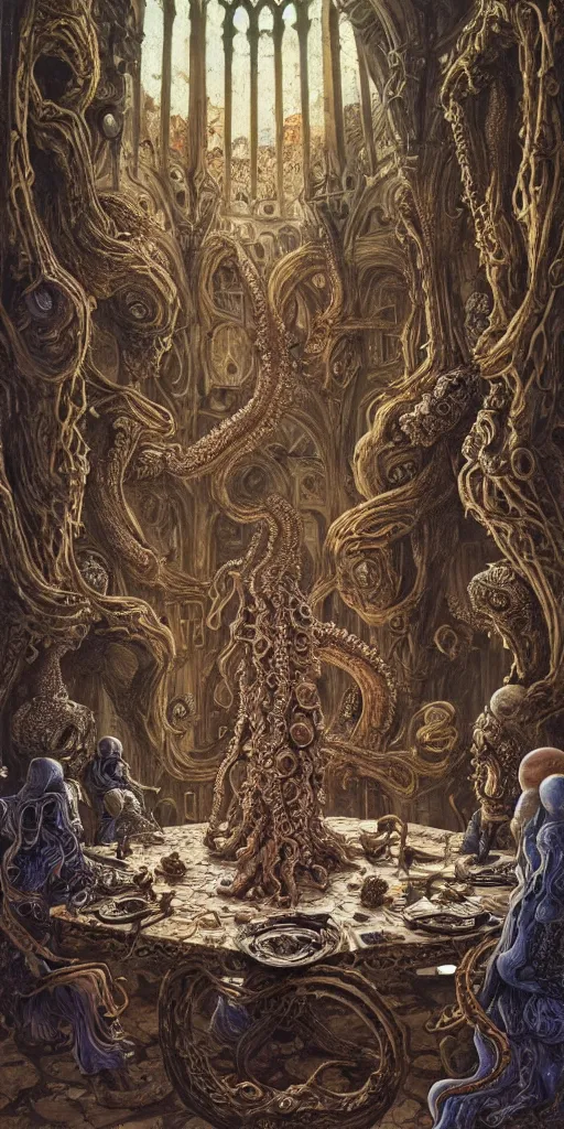 Image similar to mages with human bodies and magical armour with octopus heads sitting near the table in an ancient mage castle with enormous scale, gothic and baroque, brutalist architecture, ultradetailed, Intricate by John Howe and Josan Gonzalez and Giuseppe Arcimboldo