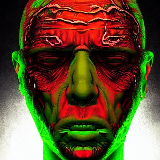 Image similar to portrait of nukeface, his face melting with radioactivity, nuclear glow, dark night in the swamps, hyper realistic, artstation