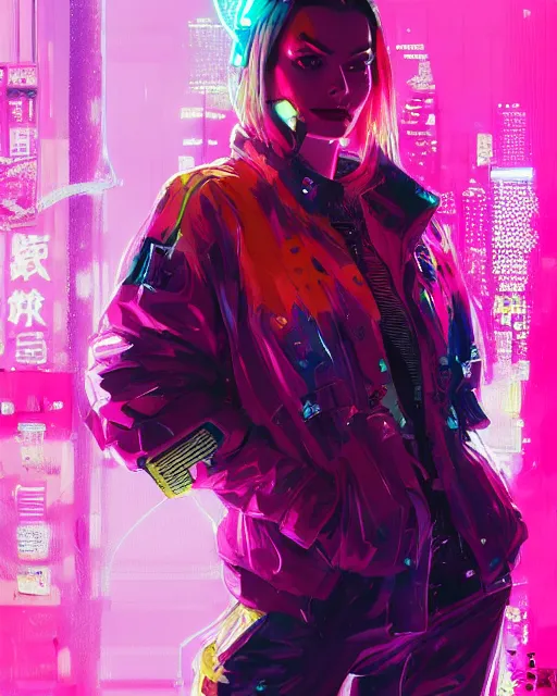 Image similar to detailed portrait Margot Robbie Neon Operator Girl, cyberpunk futuristic neon, reflective puffy coat, decorated with traditional Japanese ornaments by Ismail inceoglu dragan bibin hans thoma greg rutkowski Alexandros Pyromallis Nekro Rene Maritte Illustrated, Perfect face, fine details, realistic shaded, fine-face, pretty face