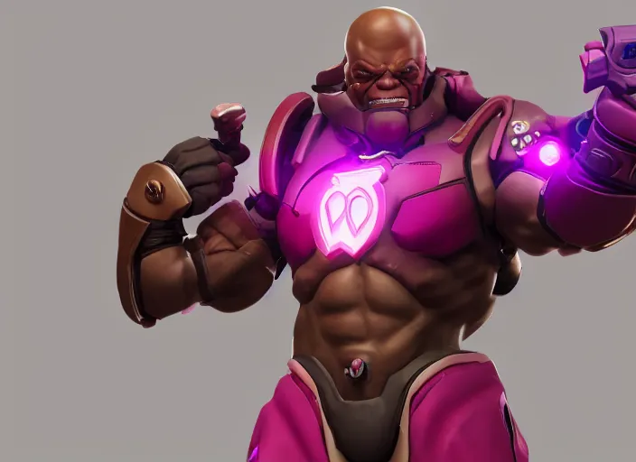 Image similar to doomfist, pink suit, overwatch game, digital art, high detailed, artstation, octane render