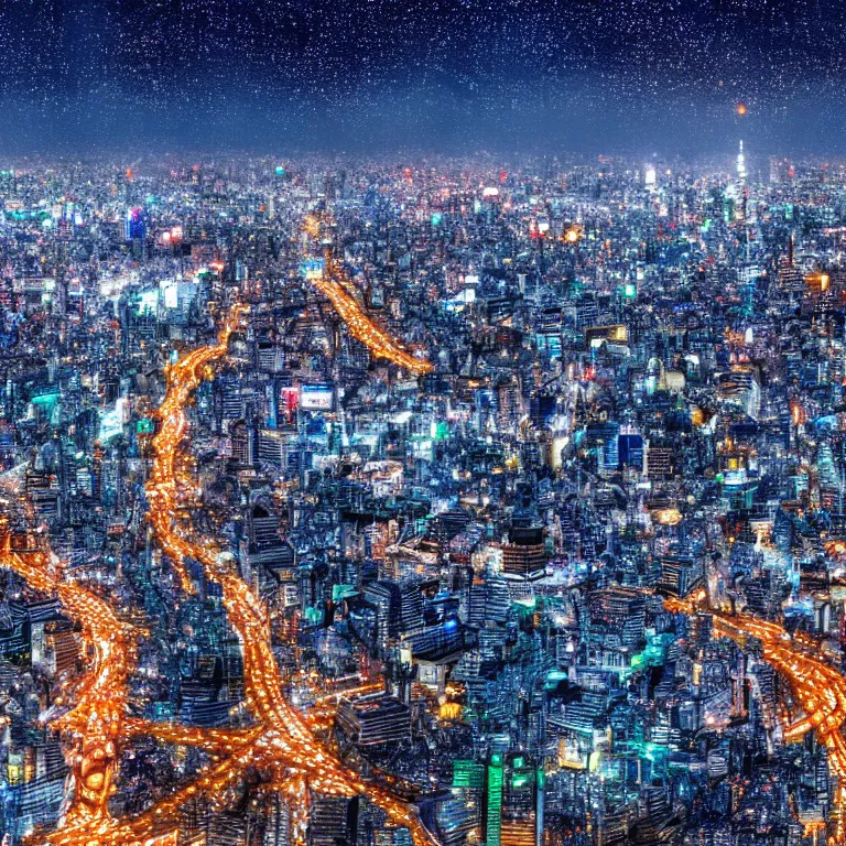 Image similar to beautiful and highly detailed 3 d render of tokyo with many lights and lens flares, snowy winter christmas night