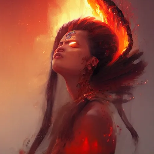 Image similar to a beautiful portrait of a fire goddess with closed eyes by greg rutkowski and raymond swanland, trending on artstation, flaming background, ultra realistic digital art