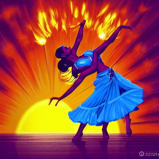 Image similar to The sun is exploding while Latino Cubans Dancers Salsa Dancing by Stanley Artgerm Lau, sun exploding on the background, Gesture draw, Salsa Social Dance, couple, lady using yellow dress, guy using the purple fancy suit, Salsa tricks, explosive background, WLOP, Rossdraws, Gesture draw, James Jean, Andrei Riabovitchev, Marc Simonetti, and Sakimichan, trending on artstation