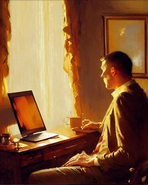 Prompt: attractive 3 5 year old man typing away at his computer, watching the screen gleefully, golden hour painting by gaston bussiere, craig mullins, j. c. leyendecker