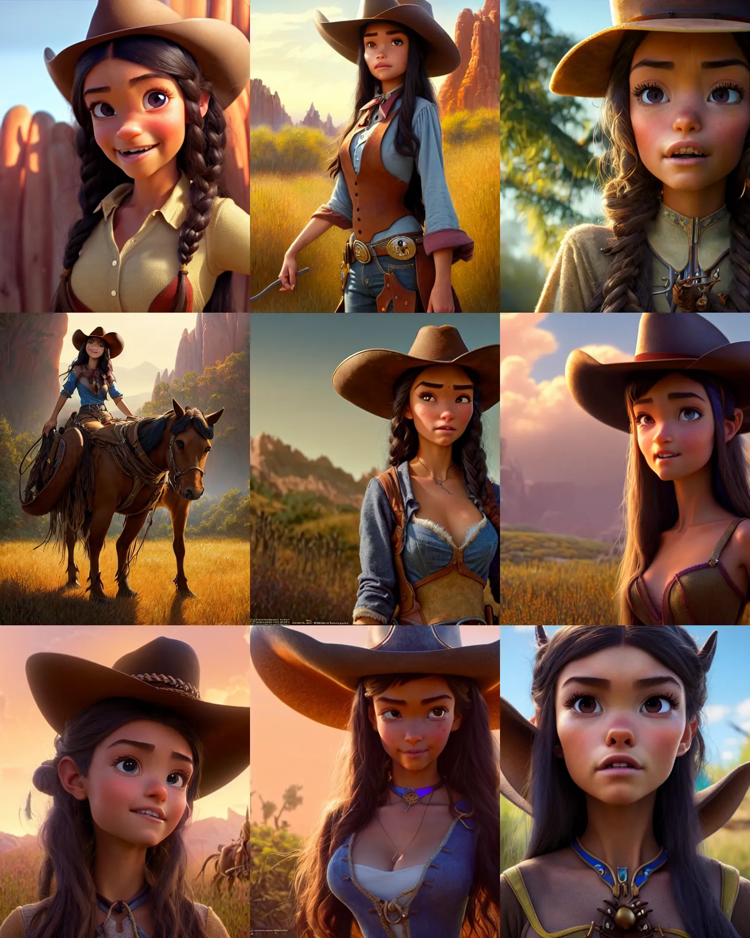 Prompt: weta disney pixar movie still portrait photo of madison beer : : as cowgirl woman by pixar : : by weta, greg rutkowski, wlop, ilya kuvshinov, rossdraws, artgerm, marvel, maxim magazine cover, rave otufit, unreal engine, sweaty, iridescent, bright morning, anime, liosh, mucha : :