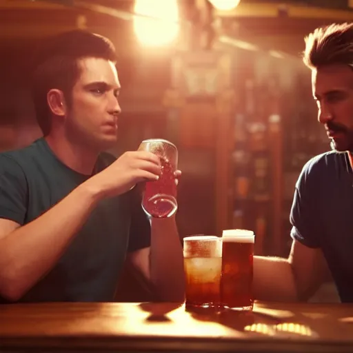 Prompt: cinematic scene with attractive male and another attractive male, shorts, drinking their hearts out, in the pub, high definition, very detailed, volumetric lighting, still frame