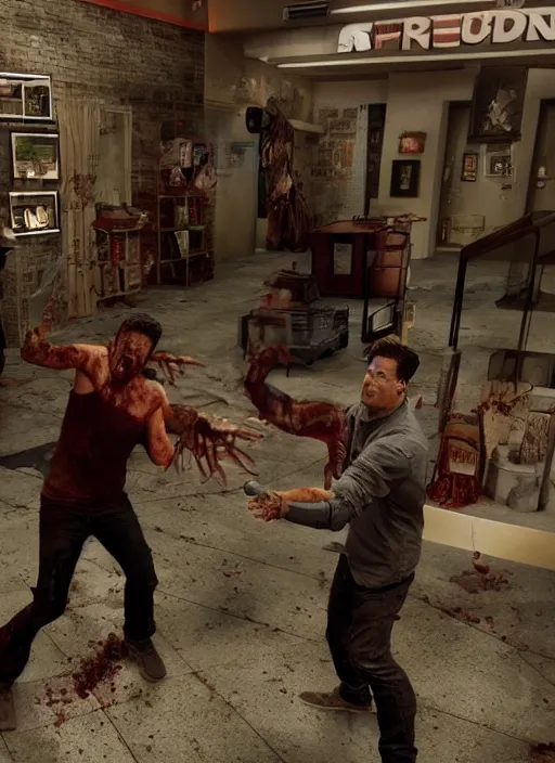 Prompt: a scene from friends where joey and chandler fight zombies, face enhance, realistic, intricate details, masterpiece, shaun of the dead, izombie, ultra detailed, octane render, lovecraftian, horror, dead space, the walking dead