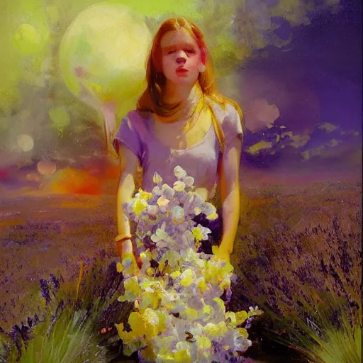 Image similar to a girl with three eyes : : on 5 translucent luminous spheres, full of floral and berry fillings, in an ocean of lavender color by john berkey