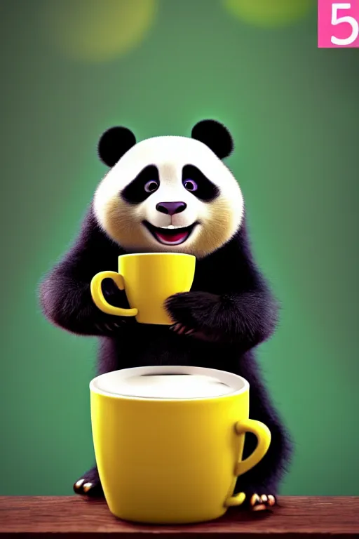 Image similar to a cute panda with big eyes looking at a cup of coffee, bamboos on background. Pixar Disney 4K 3d render funny animation movie Oscar winning trending on ArtStation and Behance. Ratatouille style.