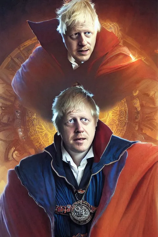 Image similar to Boris Johnson as Dr. Strange, highly detailed character in digital fantasy, oil painted portrait, artstation, concept art, hard focus, smooth, sharp focus, hyper realistic, illustrations, works by Artgerm and Greg Rutkowski, Alphonse Mucha and Craig Mullins, James Gene, Andrey Ryabovichev, Mark Simonetti and Peter Morbacher, 16 thousand