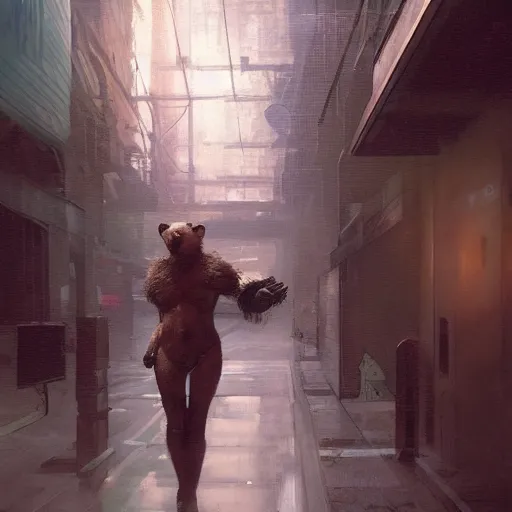 Prompt: pattington bear, hyperrealistic full figure, bladerunner street alley, art of elysium by frank frazetta and by jeremy mann and by alphonse mucha, fantasy art, photo realistic, dynamic lighting, artstation, full figure poster, volumetric lighting, very detailed face, 4 k, award winning