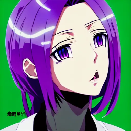 Prompt: anime poster film still portrait, young black woman, black black black woman, purple colored eyes, ( purple colored eyes!!!!!! ), white french bob hairstyle, green colored bomber jacket, detailed facial features, dynamic pose,, rimlight, cel shaded, 4 k