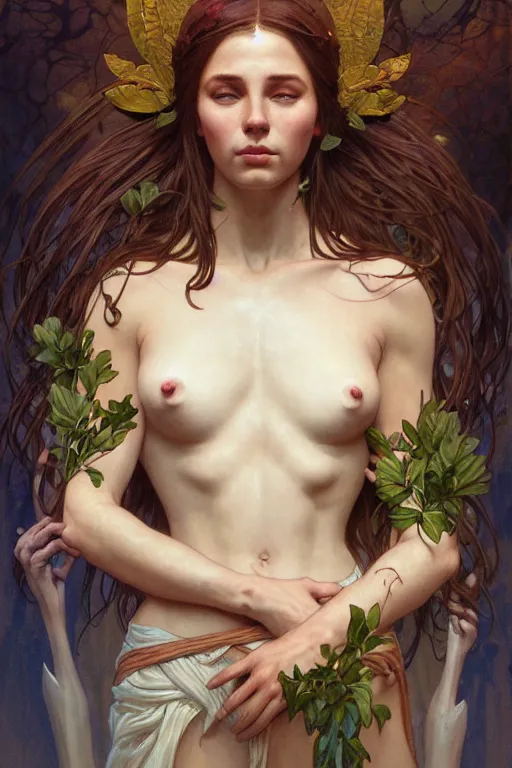 Image similar to goddess of nature, accurate anatomy, only two hands, highly detailed, digital painting, artstation, concept art, smooth, sharp focus, illustration, Unreal Engine 5, 8K, art by artgerm and greg rutkowski and edgar maxence and alphonse Mucha