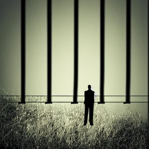 Image similar to a man in front of a high wire fence, minimalist, dystopian art