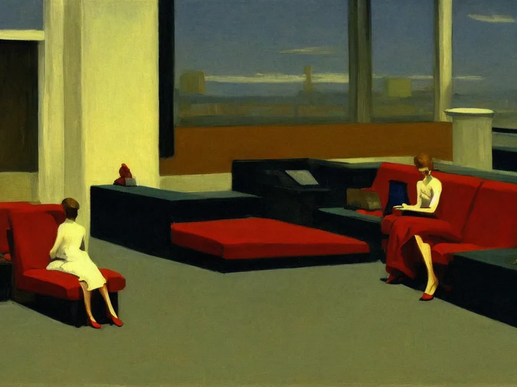 Image similar to night. woman alone in the spacious airport lounge. painting by edward hopper