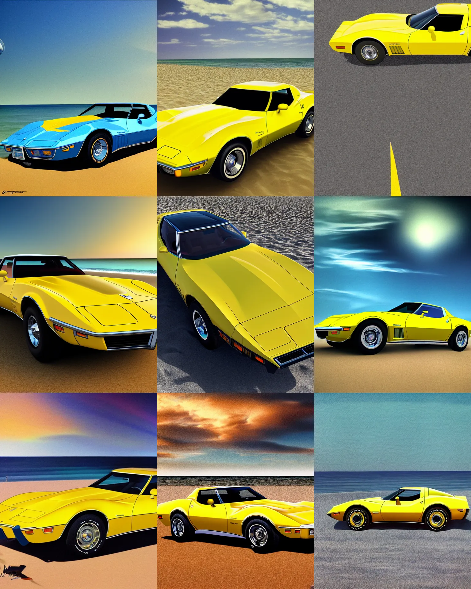 Prompt: photorealistic art of a yellow 1979 stingray corvette at the beach, t top, dynamic lighting, space atmosphere, hyperrealism, stunning visuals