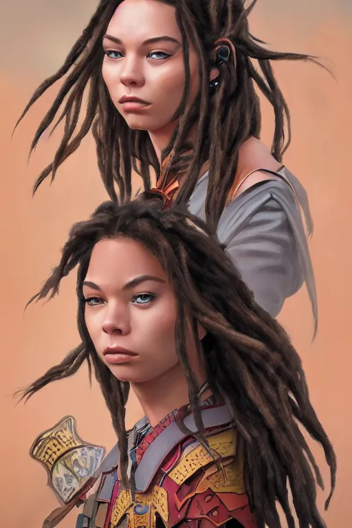 Prompt: fantasy comic book style portrait of a gorgeous teen model with dreadlocks who looks like miranda cosgrove and has a samurai tattoo, hyper realistic, illustration, trending on artstation, HD, 4k, 8k, intricate detailed anatomy, character design, by james gurney and tom bagshaw