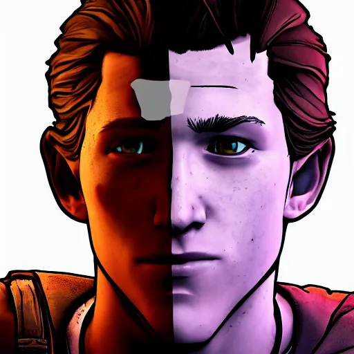 Image similar to tom holland portrait, borderlands, tales from the borderlands, the wolf among us, comic, cinematic lighting, studio quality, 8 k