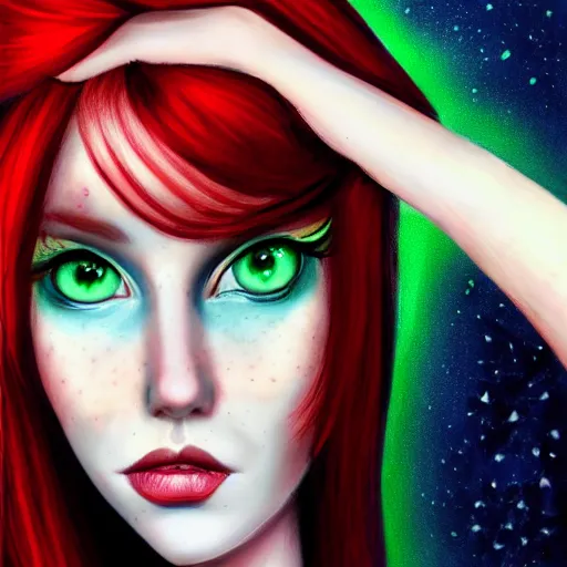 Image similar to a red haired, beautiful woman with blue / green eyes, some freckles, pale skin deep focus, elegant, digital painting, smooth, sharp focus, 8 k, art by jasmine becket griffith and tim burton