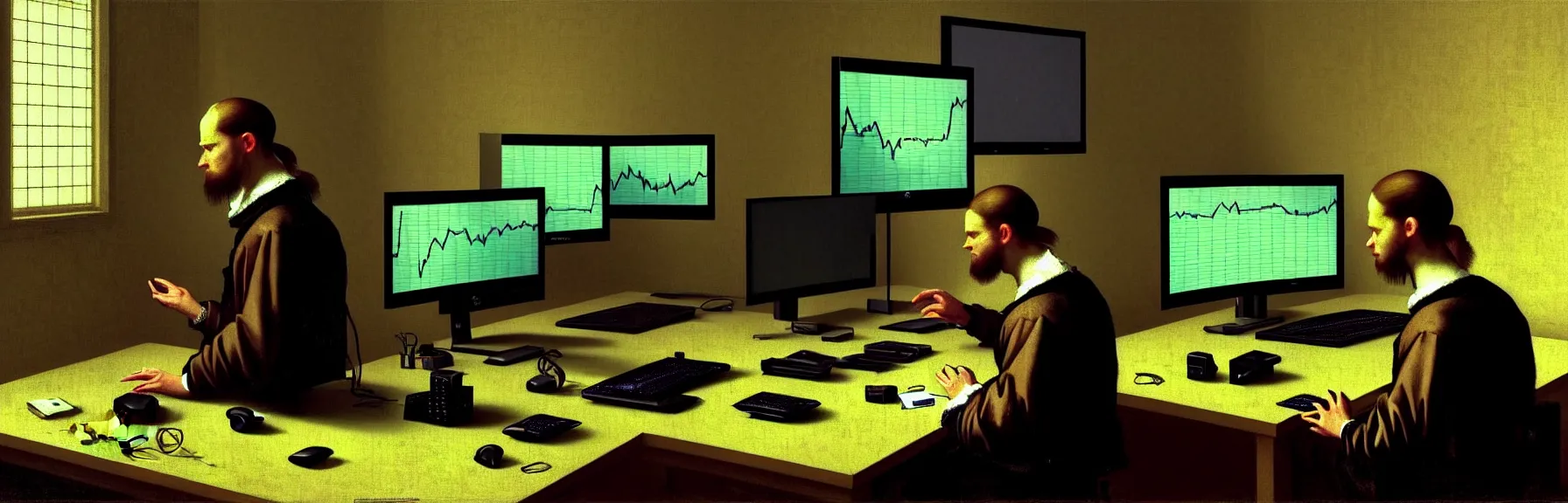 Image similar to a crypto trader is looking at a monitor with eager look, a keyboard, some office accessories and multiple monitors on the table, lots of graphs and charts on the monitor, twitter feed on another monitor, some matrix like wallpaper screensaver on another monitor; very detailed, photorealistic, ultrarealistic, 8K, by John Singer Sargent, Johannes Vermeer; artstation, unreal engine 5