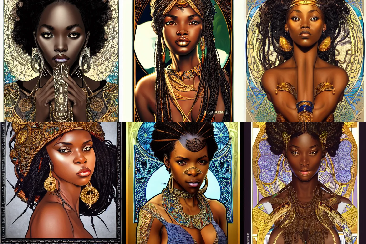 Prompt: black african princess, symmetric, highly detailed, concept art, intricate, sharp focus, illustration, rutkowski, artgerm, hans thoma, alphonse mucha