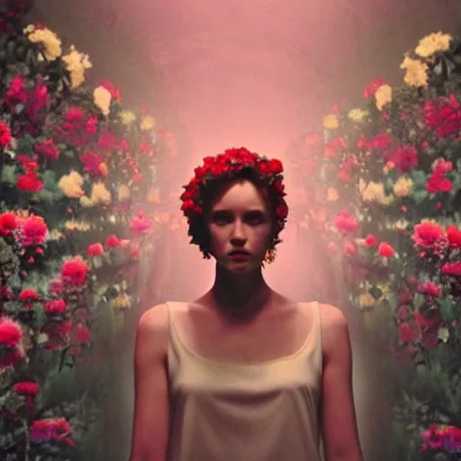 Image similar to movie still of the girl with the flowers head, cinematic composition, cinematic light, by edgar wright and david lynch