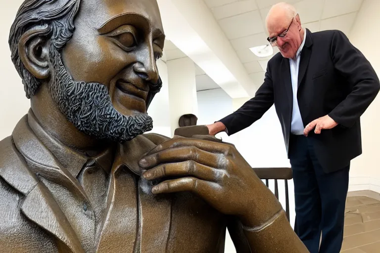 Image similar to a man who is sitting upright in a chair is touching a completed statue