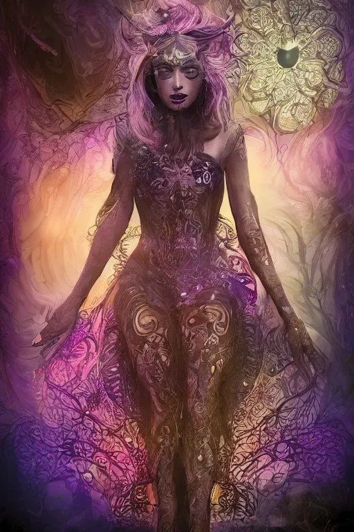 Image similar to highly detailed, digital painting of a beautiful arcane witch in a dark intricate ornate fractal-lace and gemstones facial mask, wearing a stunning silky bio-luminiscent neon-noir cyberpunk dress, pastel colors palette, full view, soft lighting, vivid, Hyperdetailed, 4k hd matte painting, 8k resolution, enchanting and otherworldly, detailed, front view, Gsociety, trending on ArtstationHQ, dreamscape maximized.