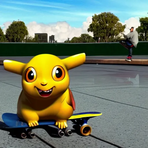 Image similar to Pickachu on a skateboard in a skatepark pixar style