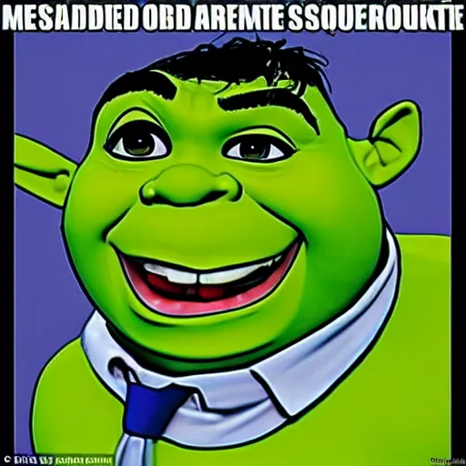 Image similar to shrek in a business suit informing you that you overdrafted your stinky bog mud account and until the debt is repaid in full you are in big trouble mister