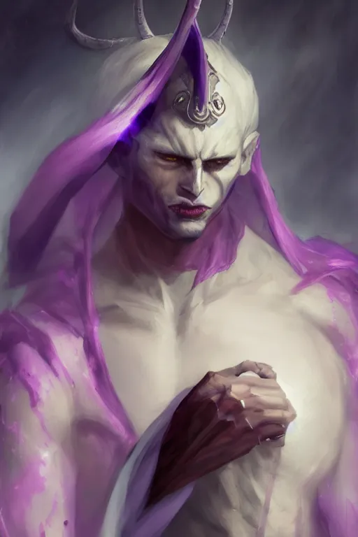 Prompt: djinn man male demon warlock, portrait, full body character, concept art, purple cloak, single face, illustration, white spiral horns, cinematic color grading, editorial photo, fashion, hyperrealism, realism, trending on artstation, Charlie Bowater, WLOP