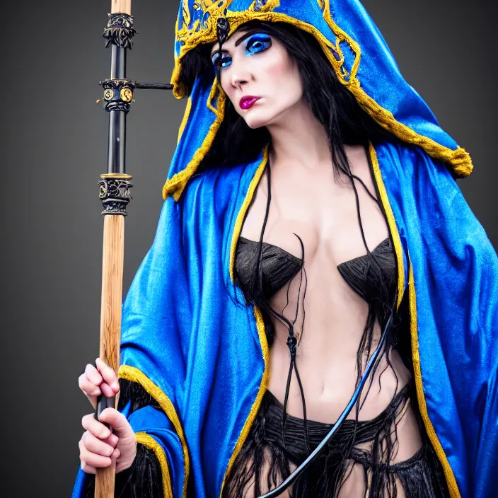 Prompt: photograph of a real-life beautiful electric witch with ornate blue robes and staff. Extremely detailed. 8k