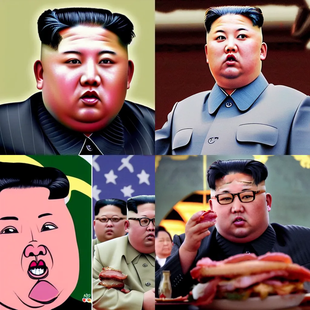 Prompt: kim jong un with hamburger eyes looking at a pig eating bacon