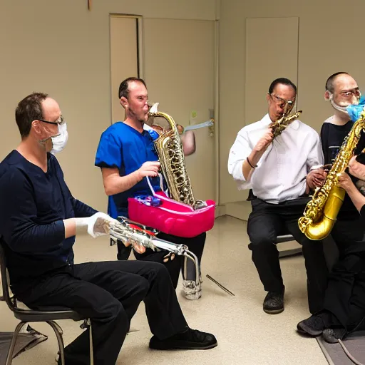 Image similar to doctors playing saxophone made out of clear tubing, syringes, urine collection bag, iv pole, fluid bag, nebulizer equipment, bag - valve mask, intubation equipment, speculum, defibrillator, coban, flexiseal, picc dressing. capacity crowd at concert in surgical theater.