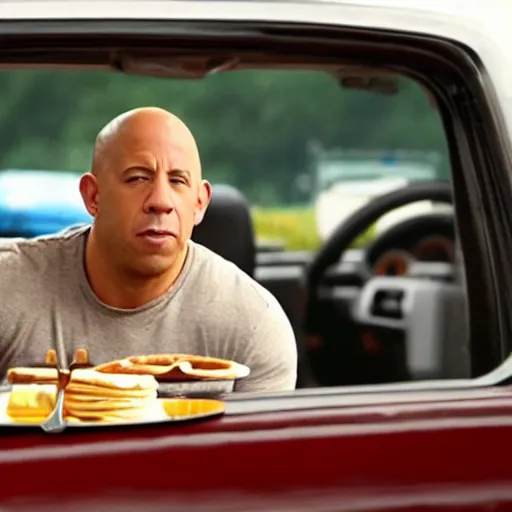 Image similar to movie still of vin diesel eating waffles and pancakes breakfast in a car