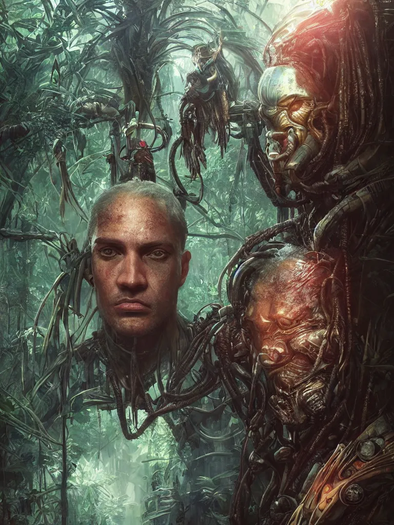 Image similar to a hyperrealistic cyberpunk portrait of a gorgeous man in the movie Predator, in a teeaming jungle with fractal sunlight, award-winning, masterpiece, in the style of Tom Bagshaw, Cedric Peyravernay, Peter Mohrbacher