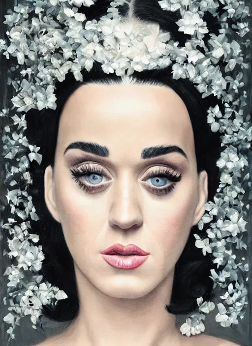 Image similar to cinematic portrait of katy perry in a white dress, intricate, elegant, by alyssa monks, highly detailed, smooth, sharp focus symmetrical face, fine details, masterpiece, trending on artstation