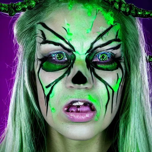 Image similar to a portrait photo of a poison themed female villain, green glowing cracks on face, poison dripping, gloom, scary face, extremely detailed,