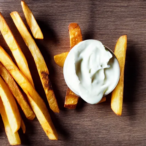 Prompt: the most delicious portion of french fries with mayo on the side, on a wooden table, close - up, photography