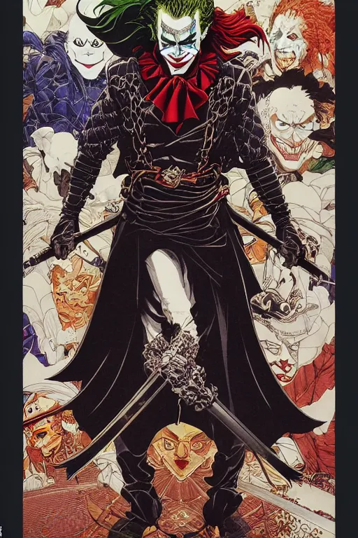 Prompt: poster of heath ledger's joker as a samurai, by yoichi hatakenaka, masamune shirow, josan gonzales and dan mumford, ayami kojima, takato yamamoto, barclay shaw, karol bak, yukito kishiro, highly detailed