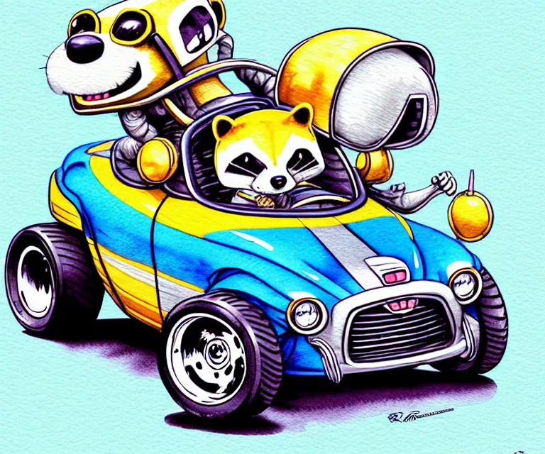 Image similar to cute and funny, racoon wearing a helmet riding in a tiny hot rod 2 0 0 2 plymouth prowler with oversized engine, ratfink style by ed roth, centered award winning watercolor pen illustration, isometric illustration by chihiro iwasaki, edited by range murata, details by artgerm