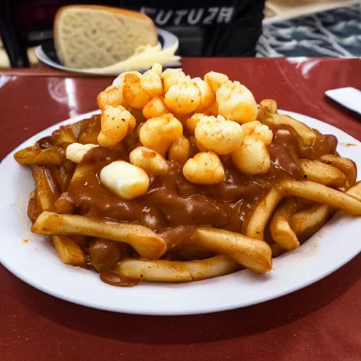 Image similar to a very realistic picture of a hot poutine the canadian dish with Cheese curds , ultra realistic, hyper detail,