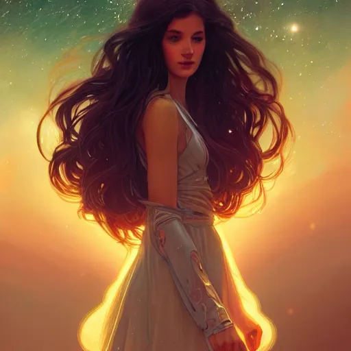 Image similar to girl with super long hair, hair becoming night stars, intricate, highly detailed, digital painting, artstation, concept art, smooth, sharp focus, illustration, unreal engine 5, 8 k, art by artgerm and greg rutkowski and alphonse mucha