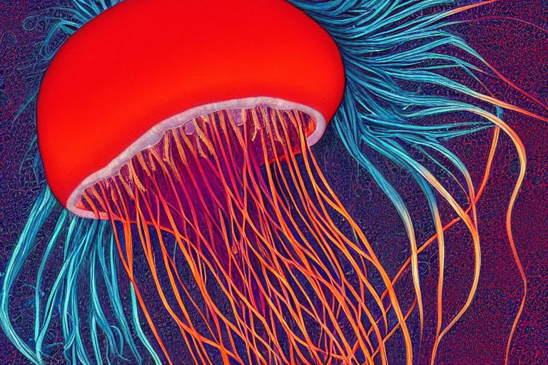 Image similar to digital art of a red jellyfish in the deep sea alone by alex grey, dark background, arcylic,