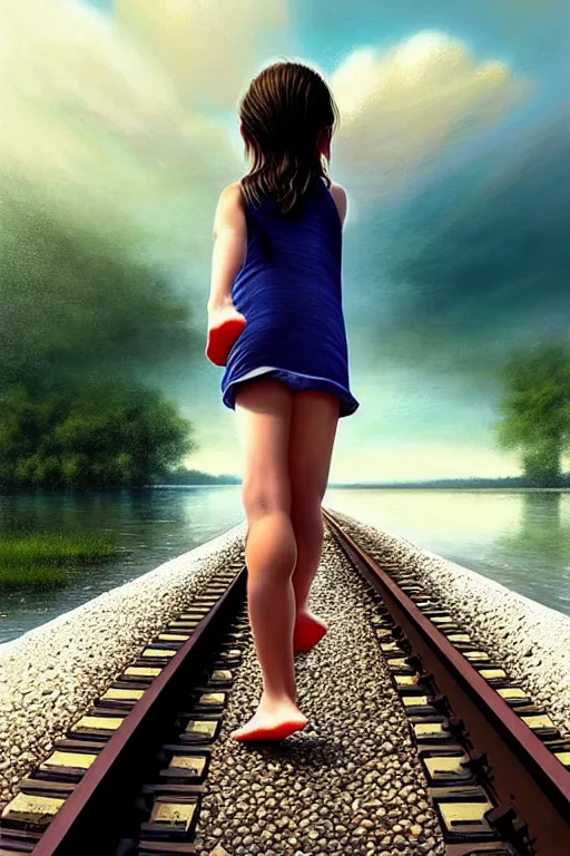 Image similar to a barefoot girl carries her shoes on reflective water and faintly visible submerged train tracks, water covers all the ground, large white clouds on a wide horizon, intricate, elegant, highly detailed, digital photo, artstation, concept art, smooth, sharp focus, low angle photo, art by artgerm and greg rutkowski and fra angelico