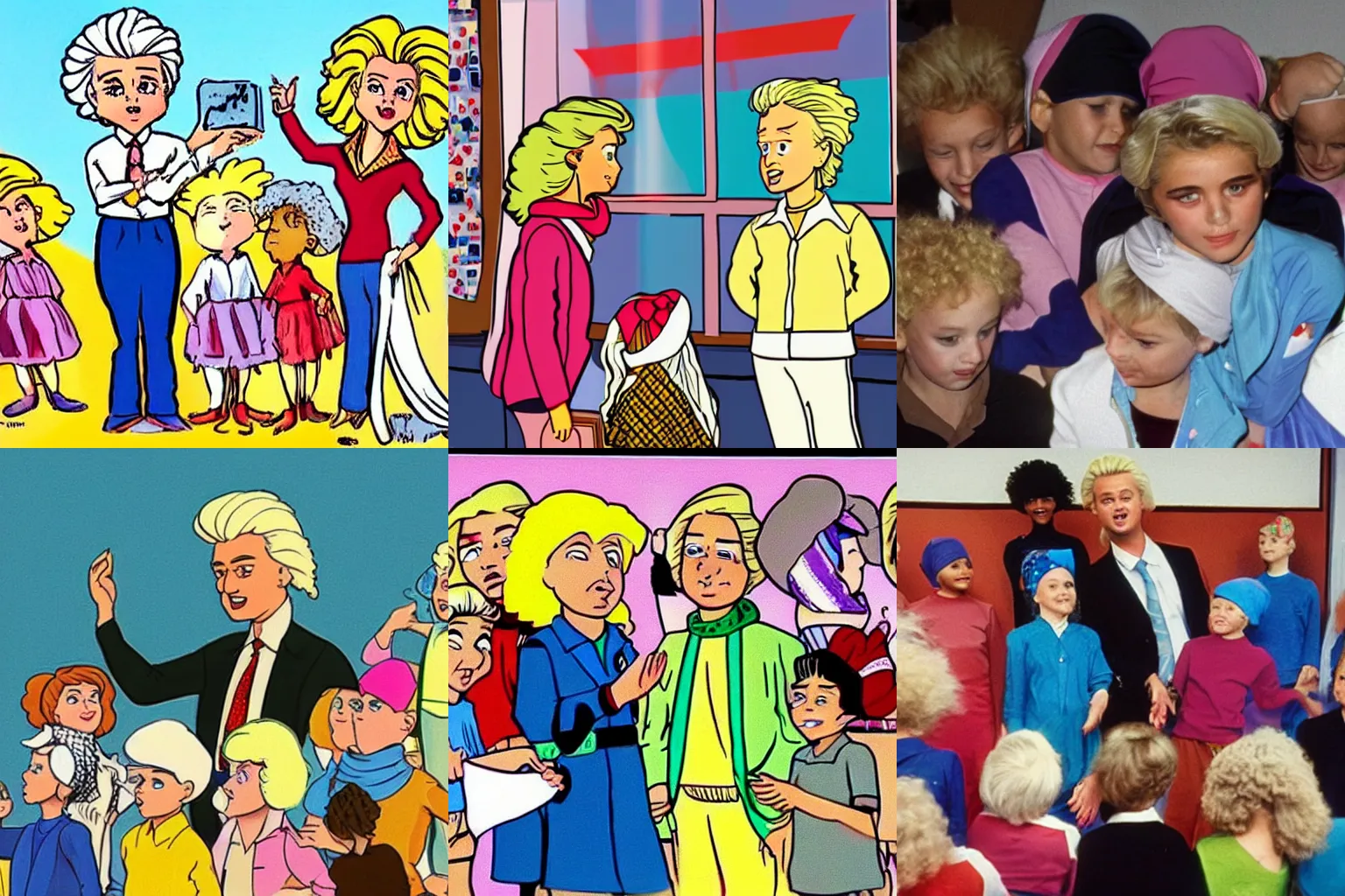 Prompt: geert wilders teaching children about headscarves in the style of a vhs - taped 8 0's cartoon character