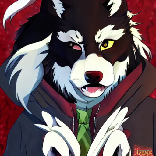 Image similar to key anime visual portrait of an anthropomorphic anthro wolf fursona, in a jacket, with handsome eyes, official anime art
