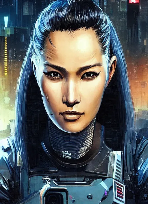 Prompt: Nikki tanaka. beautiful cyberpunk female USN marine wearing a military vest and combat gear. (Cyberpunk 2077, bladerunner 2049, apex legends, hl2, mgs, overwatch, blackops, rb6s). gorgeous face. Iranian orientalist portrait by john william waterhouse and Edwin Longsden Long and Theodore Ralli and Nasreddine Dinet, oil on canvas. Cinematic, hyper realism, realistic proportions, dramatic lighting, high detail 4k