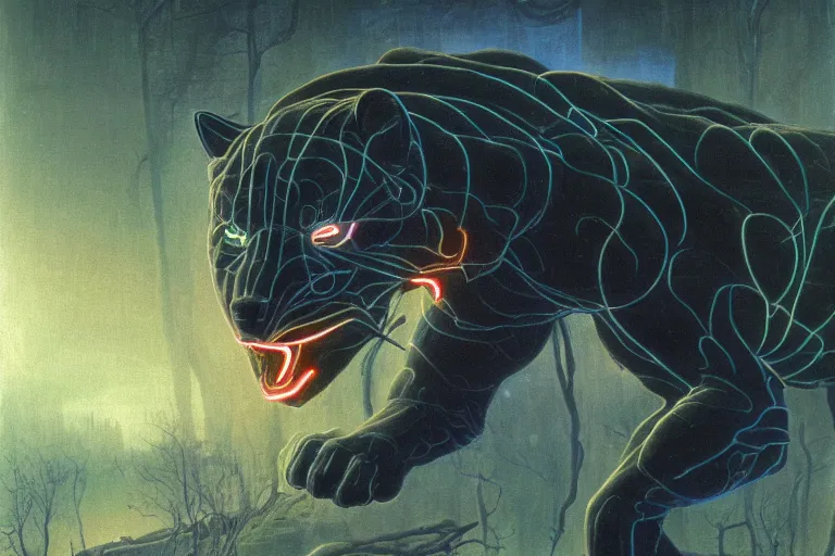 Image similar to cybernetic sabretooth panther, metallic, made of neon light, volumetric lighting, by caspar david friedrich and wayne barlowe and ted nasmith