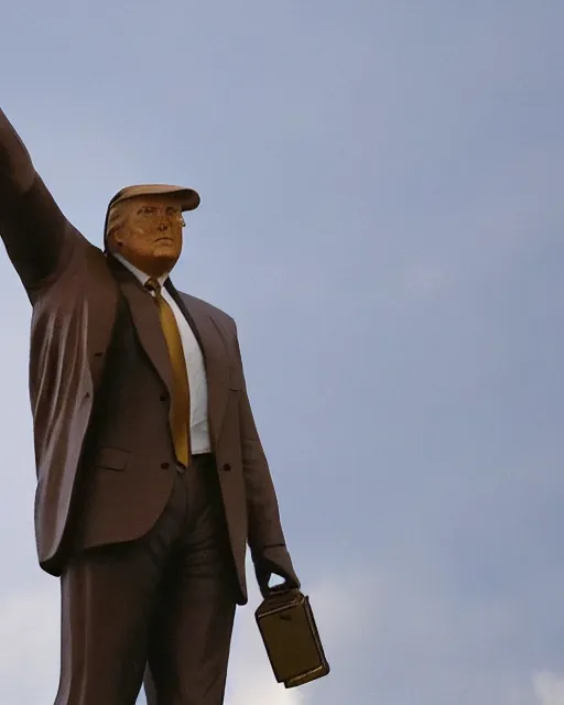 Image similar to a gigantic 1 0 0 0 foot tall bronze statue of a president donald trump, thousands of tiny onlookers, photorealistic, atmospheric